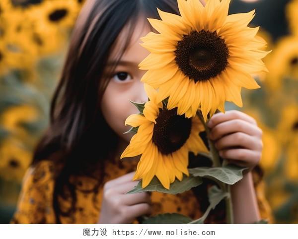 拿着向日葵的儿童小女孩向日葵花朵清新美好希望鲜花花束可爱唯美壁纸